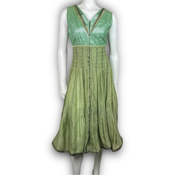 VIRTUES Vintage Empire Waist Metallic Fairy Grunge Circle Skirt Midi Dress Boho - Picture 3 of 15